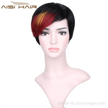 Short Pixie Cut Hair Wig High Temperature Synthetic Straight Wigs with Ombre Red Bangs For Women